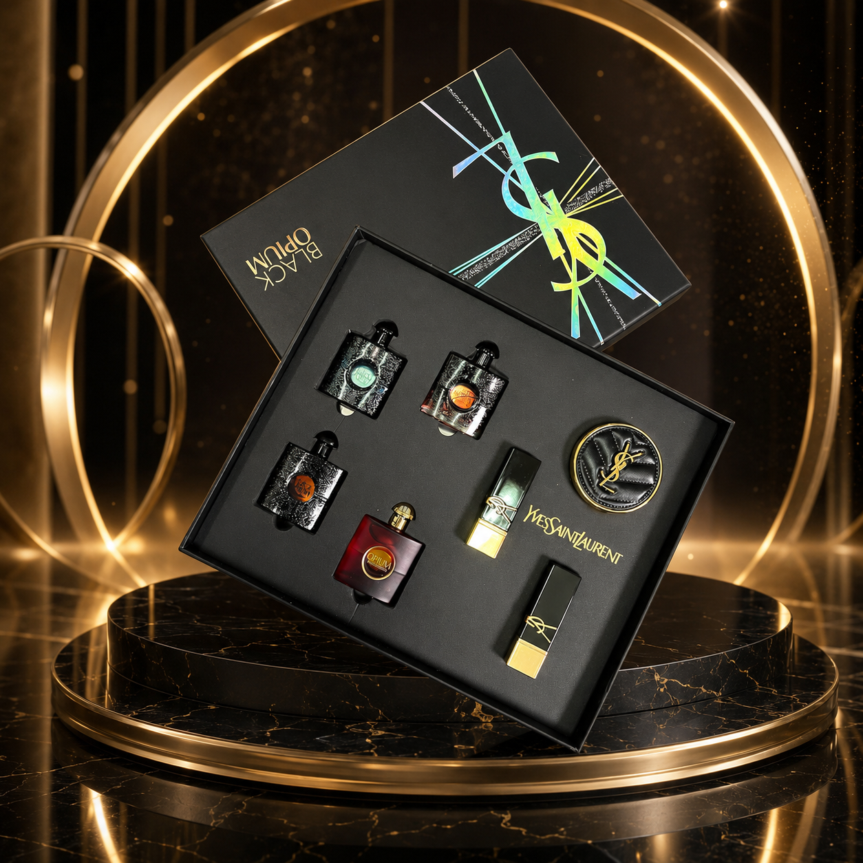 Set 7pcs Mini YSL Black Opium Lipstick, Perfume, Cushion Limited Edition.